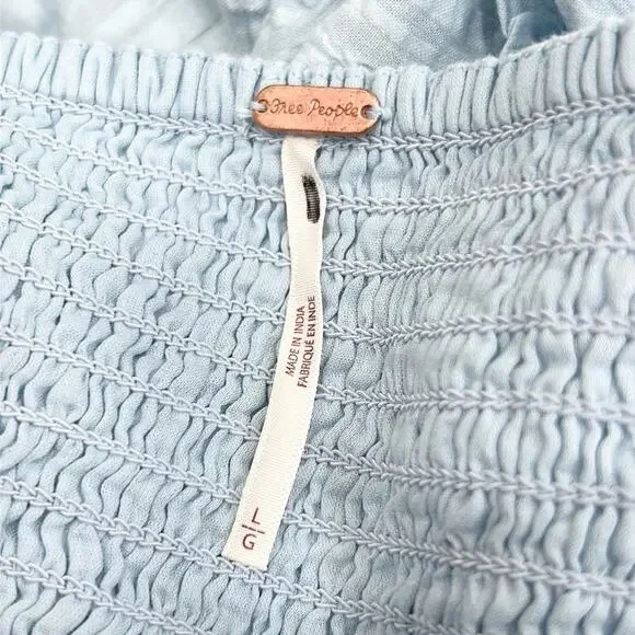 Free People Size Large Leave It To Me Powdered Blue Top Smocked Puff Sleeve NWOT - Picture 6 of 11